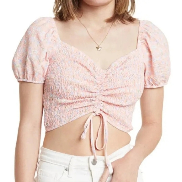 Elodie peach‎ rouched smocked floral print crop top size large - Picture 1 of 12